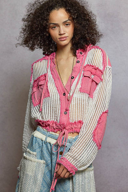 Open Knit Button Down Pocket Front Hooded Shirt Top