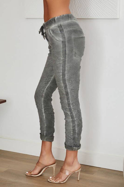 Stonewashed Ribbon Side Stripe Drawstring Crinkle Joggers