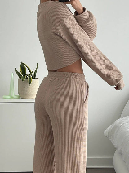 Tan / M Waffle long sleeve crop top wide leg pant 2 piece set: