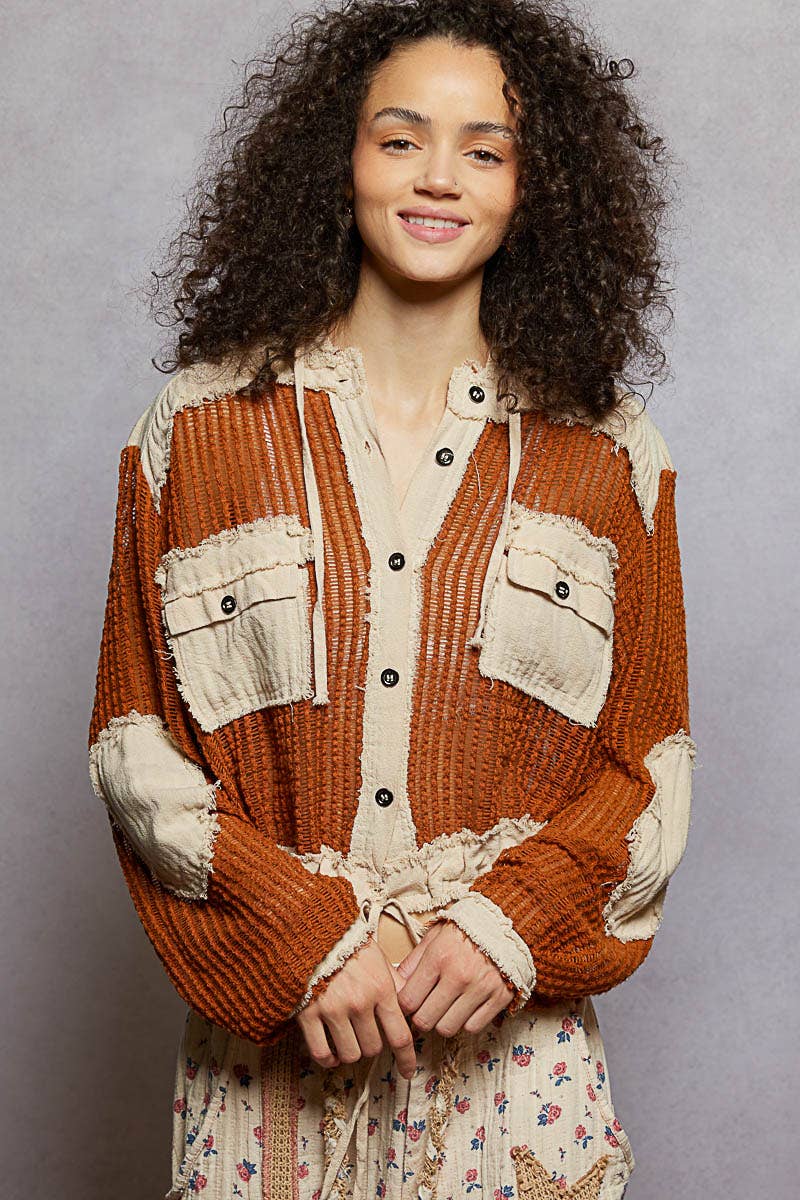 Open Knit Button Down Pocket Front Hooded Shirt Top
