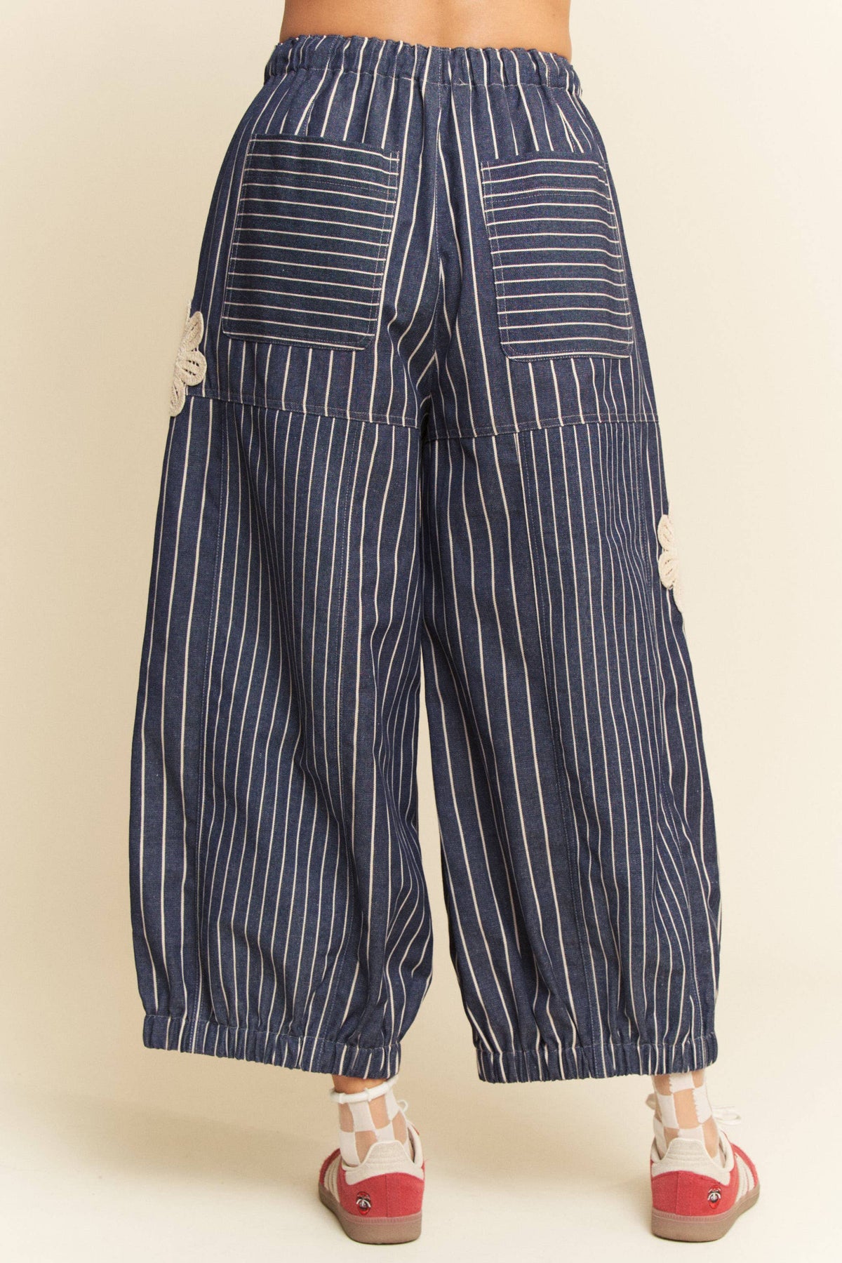 Crochet Applique Striped Barrel Pants