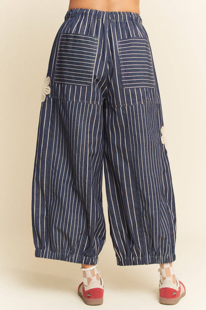 Crochet Applique Striped Barrel Pants