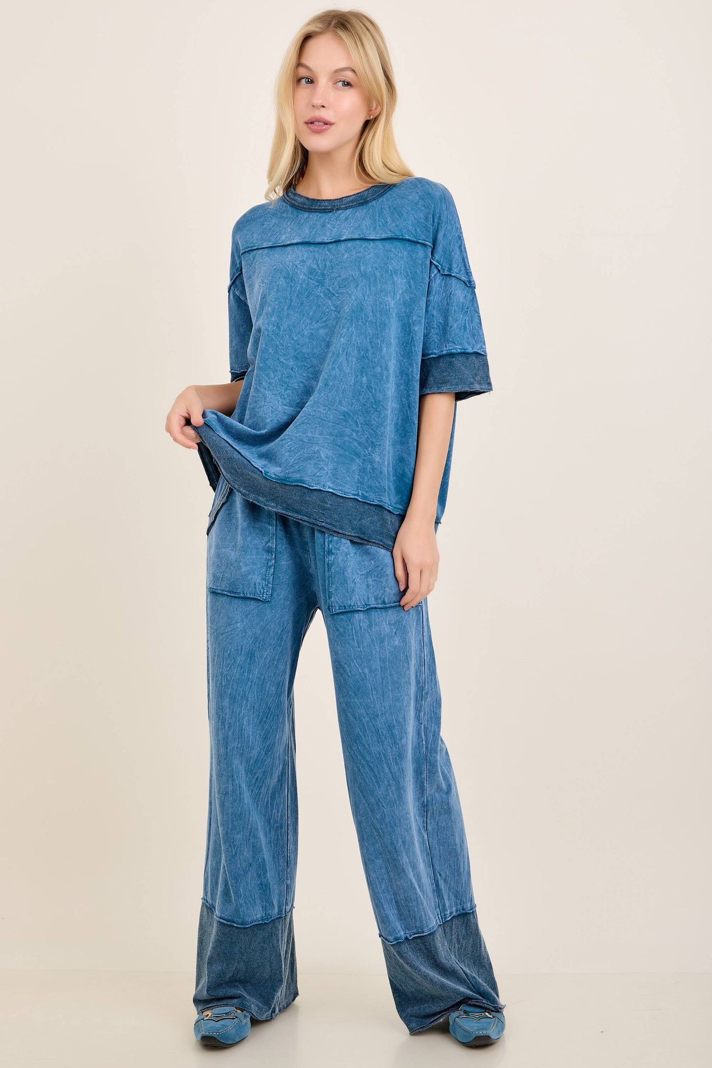 Mineral Washed Contrast Block Terry Pants HP7541