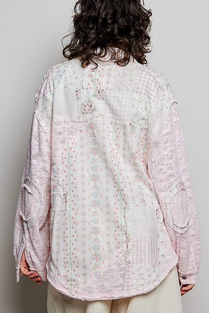 POL Clothing GKT615 Lace Denim Relaxed-Fit Button Down Shirt