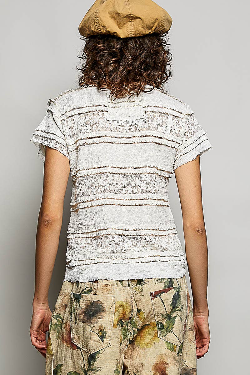 Feminine Lace V Neck Short Sleeve Top Trim Raw Edge