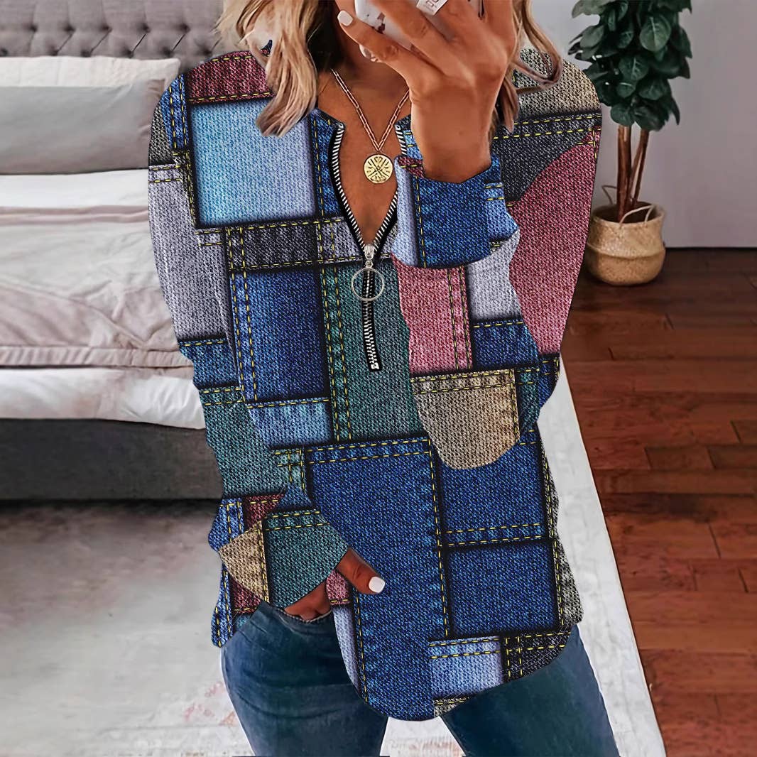 Knitted Printed Zipper Casual Retro Long-Sleeved Top