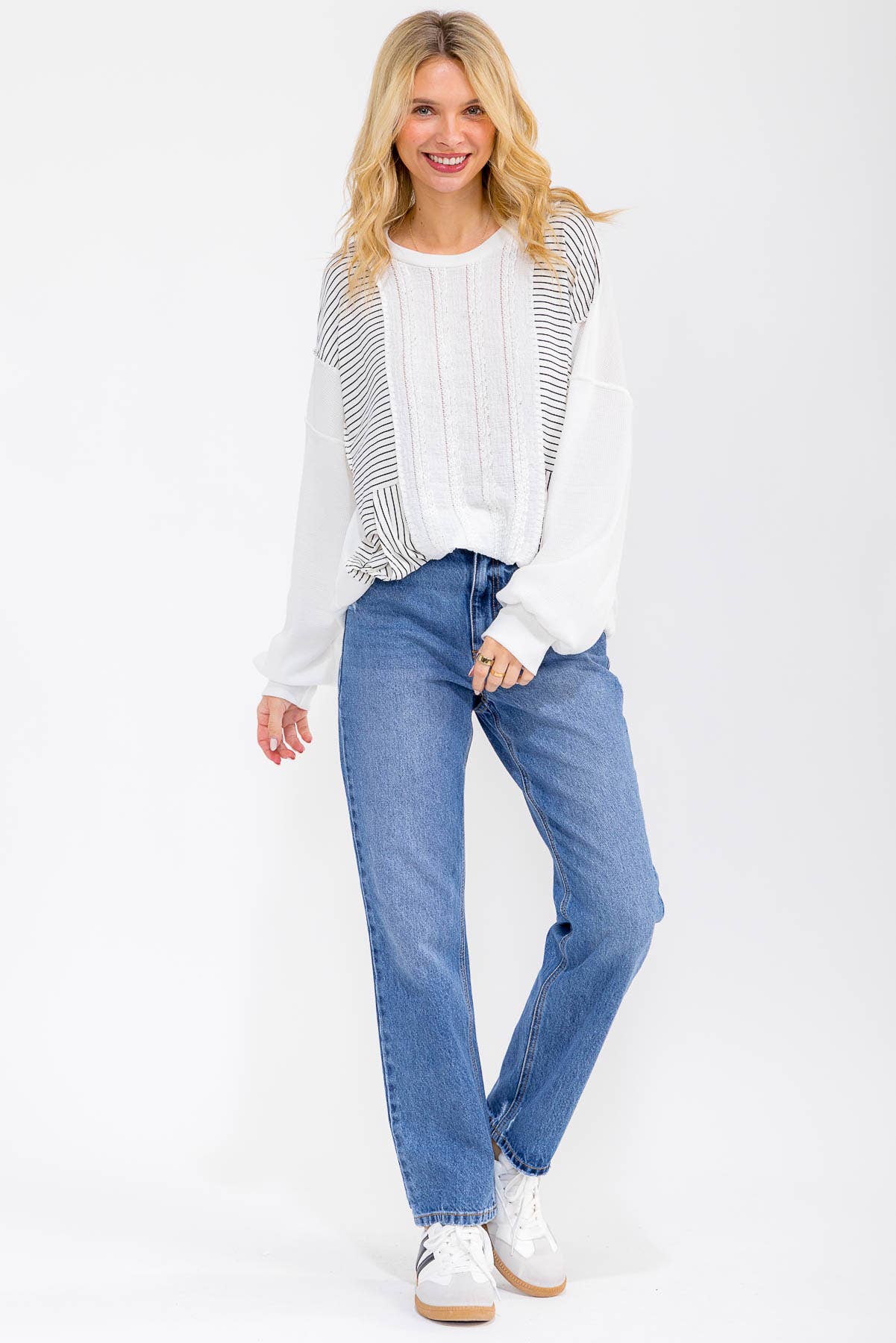 Textured Stripe Contrast Knit Top T6203