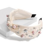 Satin Statement Headband Featuring Baseball Details With Pearl and Rhinestone Embellishments