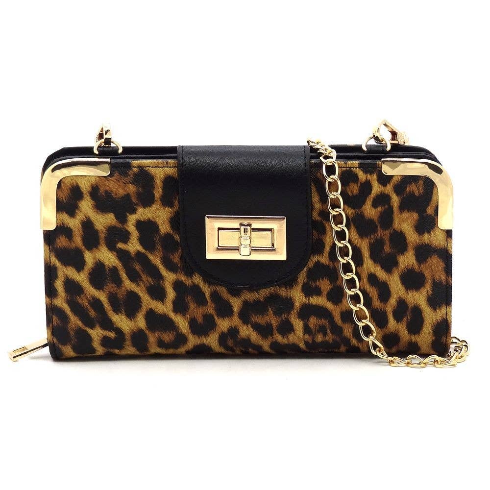 AD041 Turn Lock Crossbody Wallet: Snow Leopard