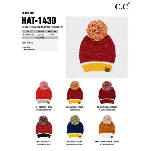 C.C HAT1430 College Football Team Color Pom Beanie