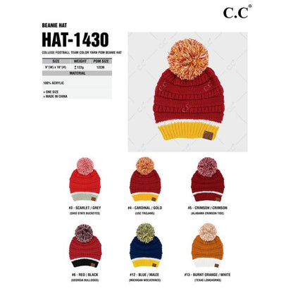 C.C HAT1430 College Football Team Color Pom Beanie