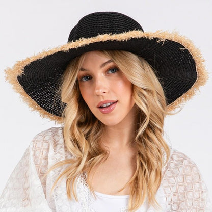 Woven Straw Sun Hat With Frayed Brim Detail