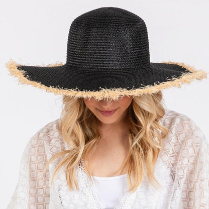 Woven Straw Sun Hat With Frayed Brim Detail