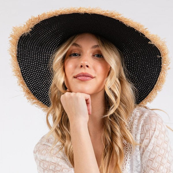 Woven Straw Sun Hat With Frayed Brim Detail