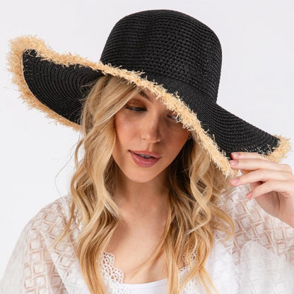 Woven Straw Sun Hat With Frayed Brim Detail