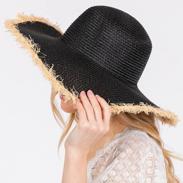 Woven Straw Sun Hat With Frayed Brim Detail