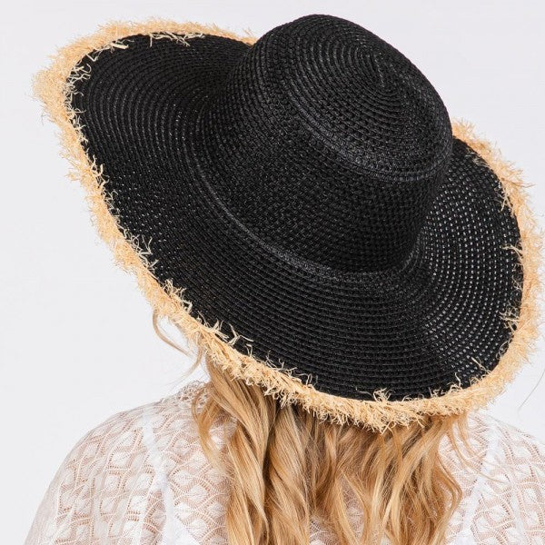 Woven Straw Sun Hat With Frayed Brim Detail