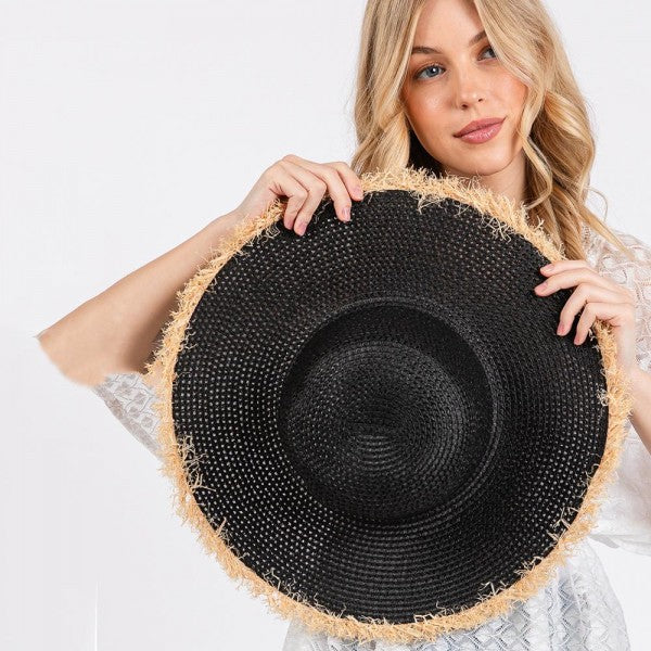 Woven Straw Sun Hat With Frayed Brim Detail