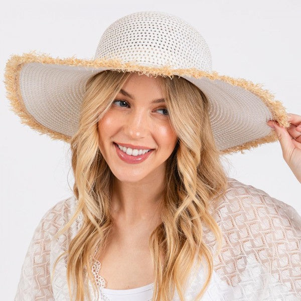 Woven Straw Sun Hat With Frayed Brim Detail