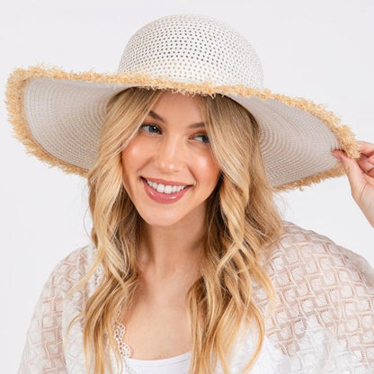 Woven Straw Sun Hat With Frayed Brim Detail
