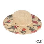 Straw Wide Brim Hat With Flower Design And Straw Tie