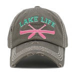 Moss Vintage Distressed Baseball Cap Featuring 'Lake Life' Embroidered Hat