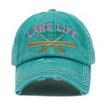 Vintage Distressed Baseball Cap Featuring 'Lake Life' Embroidered Detail