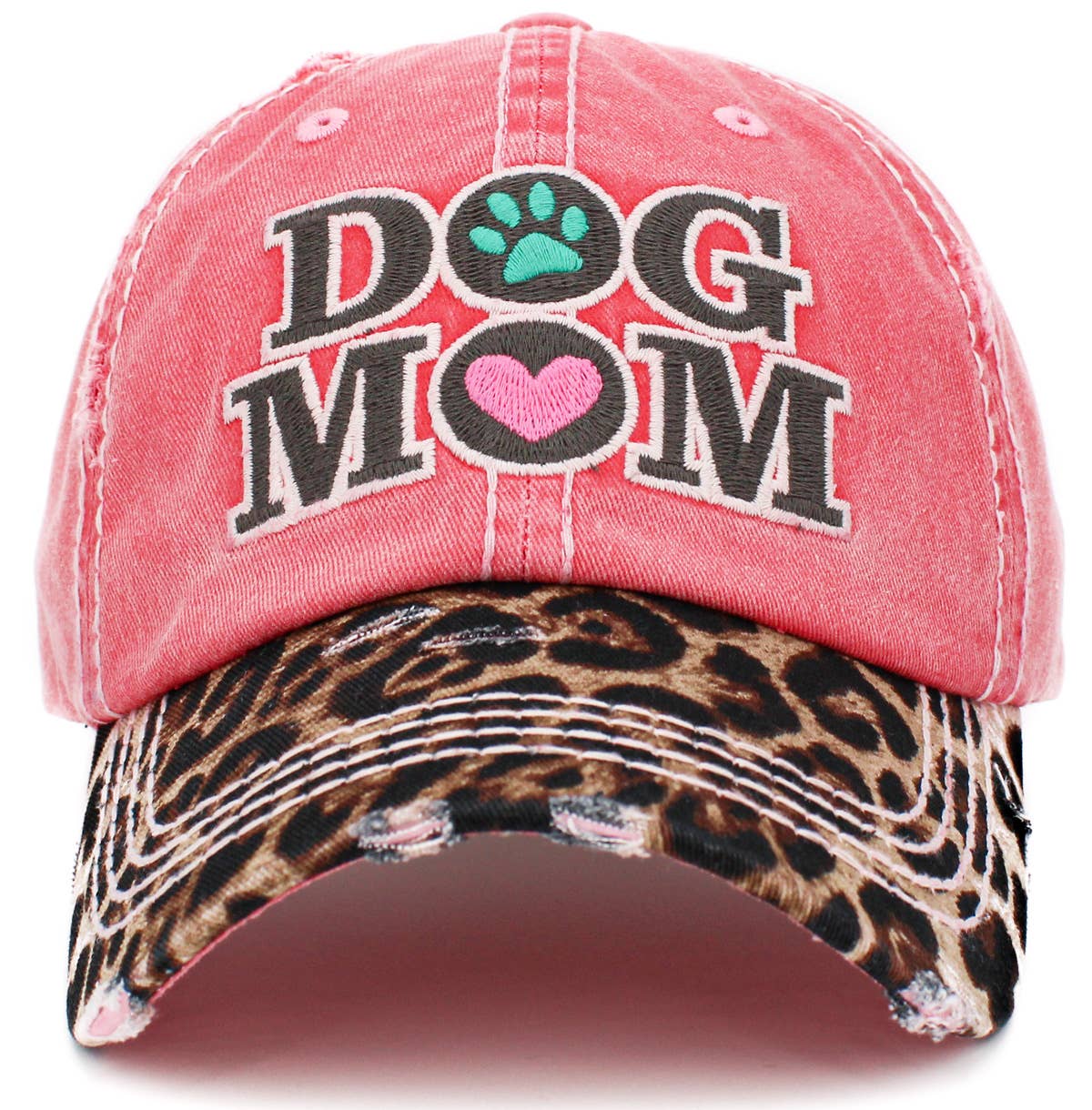 Dog Mom Leopard Washed Vintage Ballcap: BLK