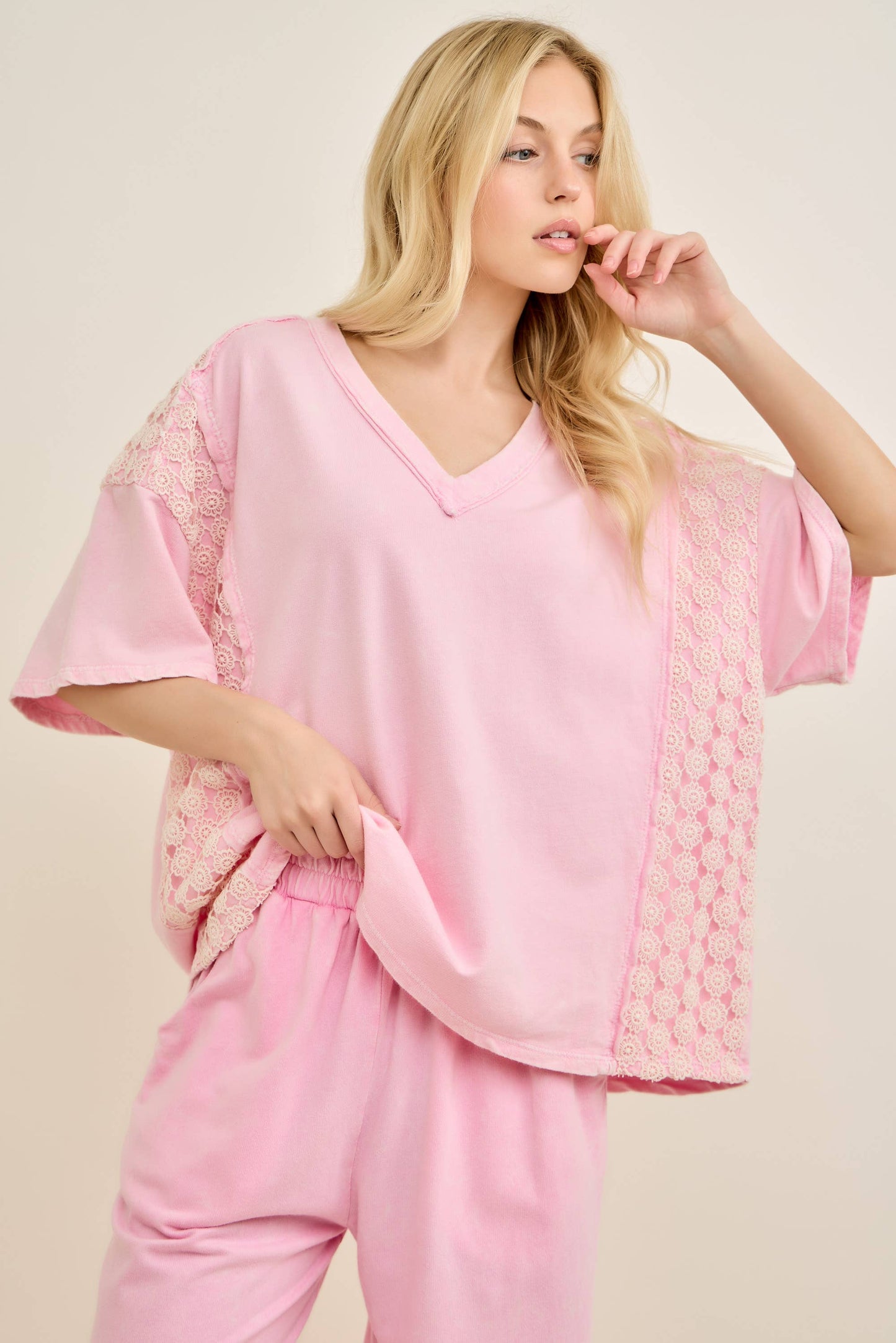 Mineral Washed Flower Daisy V-neck Shirt top HT6747