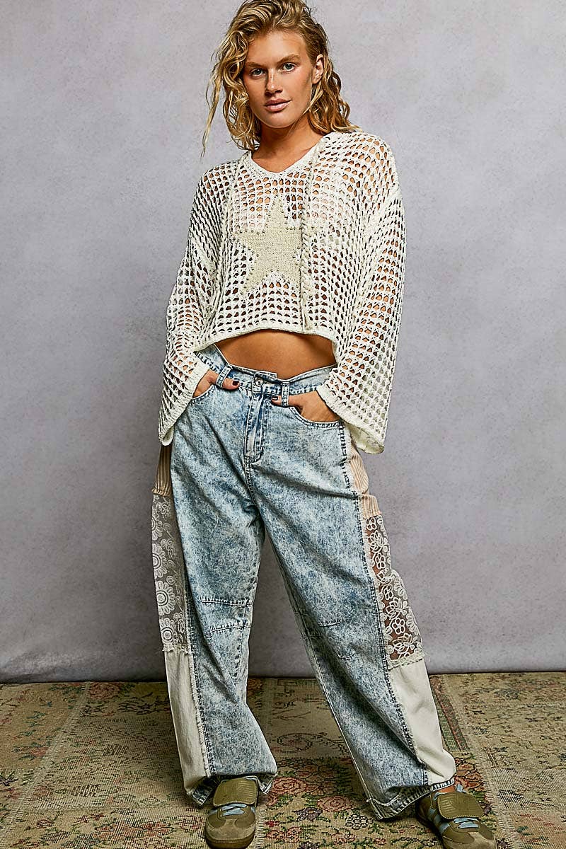 V-neck Acrylic Star Patch Pearl Stud Hoodie Thin Sweater Top