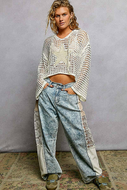 V-neck Acrylic Star Patch Pearl Stud Hoodie Thin Sweater Top