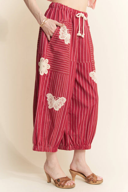 Crochet Applique Striped Barrel Pants