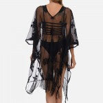 Black Floral Lace Swimsuit Cover Up With Tassel Hem