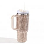 Cream Rhinestone 40oz Double Wall Stainless Steel Vacuum Tumbler With Handle