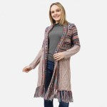 Pink Multi Colored Knit Long Cardigan Sweater With Fringe Tassels