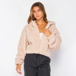 Fuzzy Ribbed Fleece Hooded Zipper Jacket