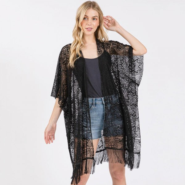 Flower Pattern Crochet Lace Kimono With Fringe Details