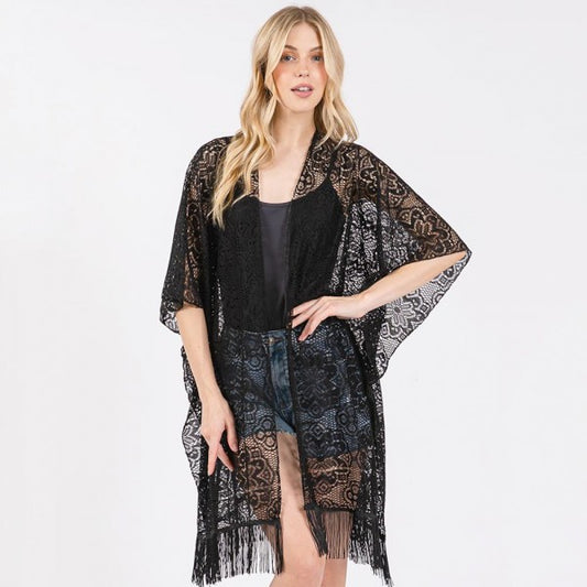 Flower Pattern Crochet Lace Kimono With Fringe Details