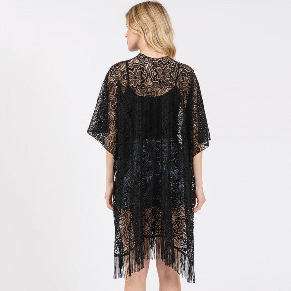 Flower Pattern Crochet Lace Kimono With Fringe Details