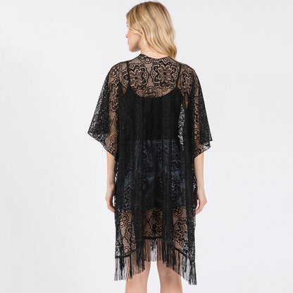 Flower Pattern Crochet Lace Kimono With Fringe Details