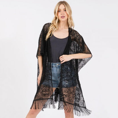 Flower Pattern Crochet Lace Kimono With Fringe Details