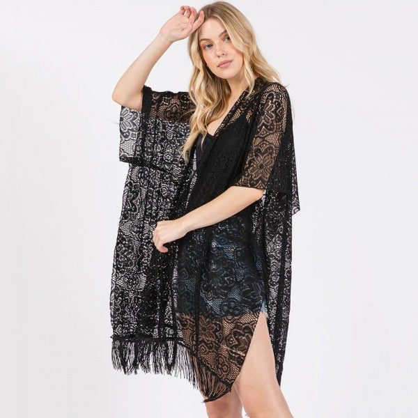 Flower Pattern Crochet Lace Kimono With Fringe Details