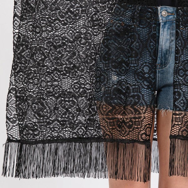 Flower Pattern Crochet Lace Kimono With Fringe Details