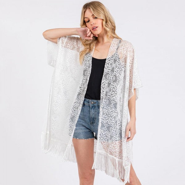 Flower Pattern Crochet Lace Kimono With Fringe Details
