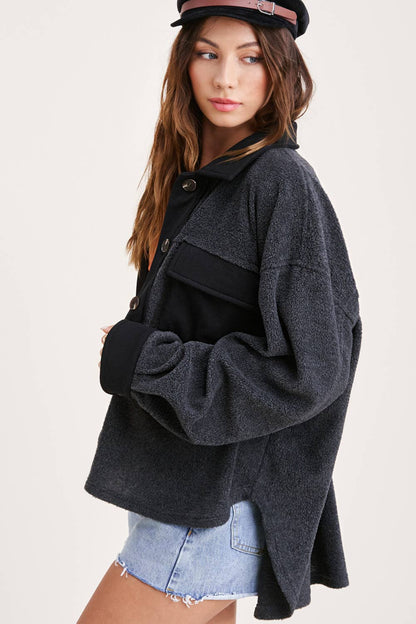 Black La Miel HAJ1726-Long Sleeve Fall Winter Fleece Shacket