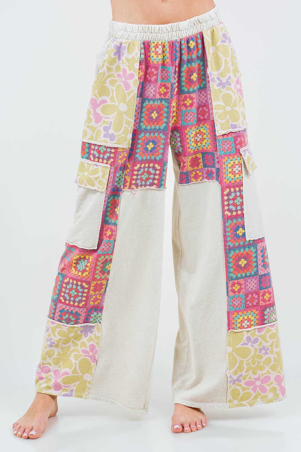 Mineral Wash Crochet Floral Printed Pants HP5758
