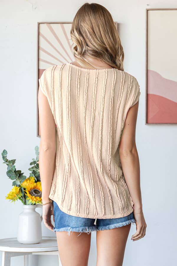 Lightweight Stripe Textured Cap Sleeves Blouse T5948