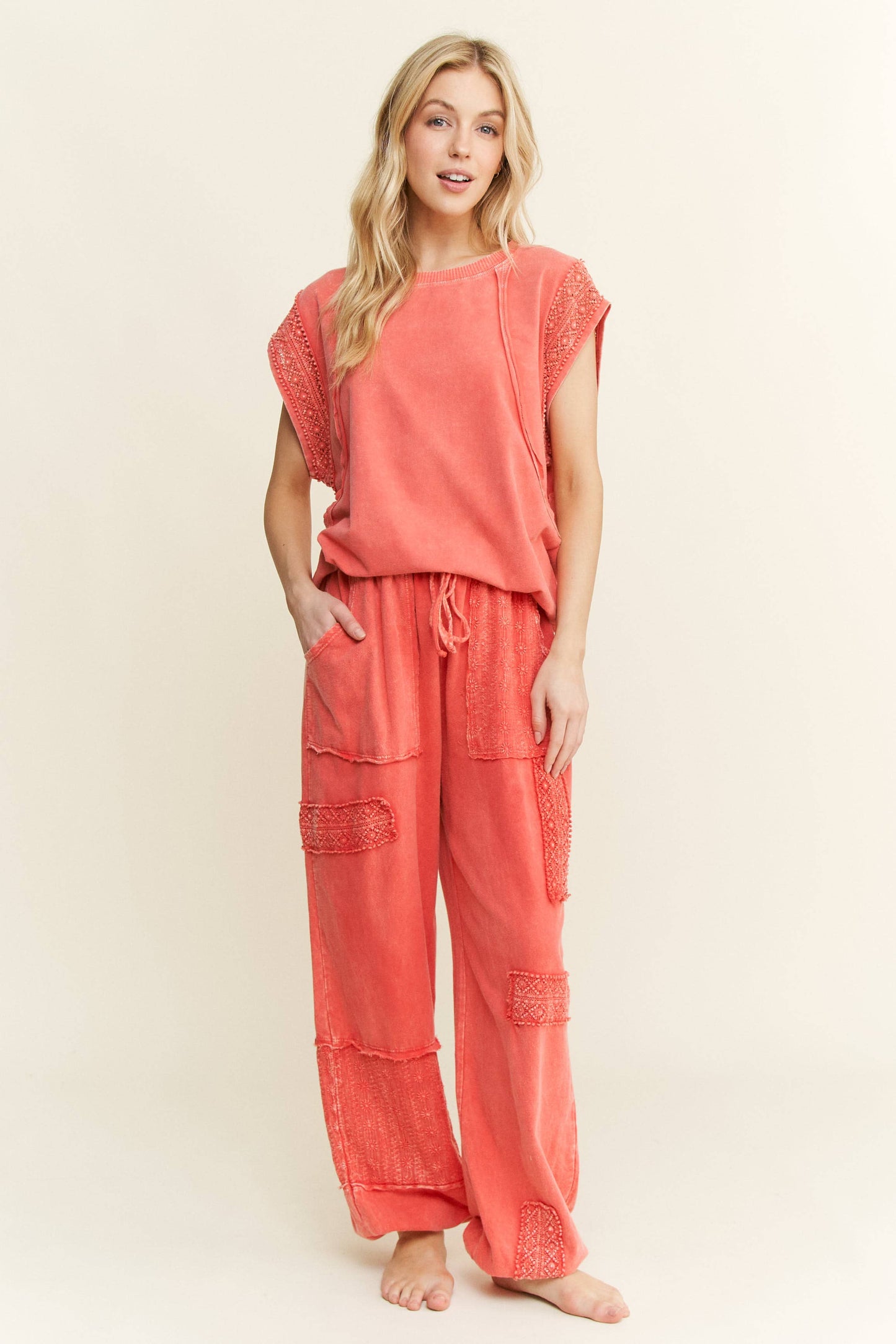 Mineral Wash Trim Cap sleeve Blouse HT5668 Shirt top