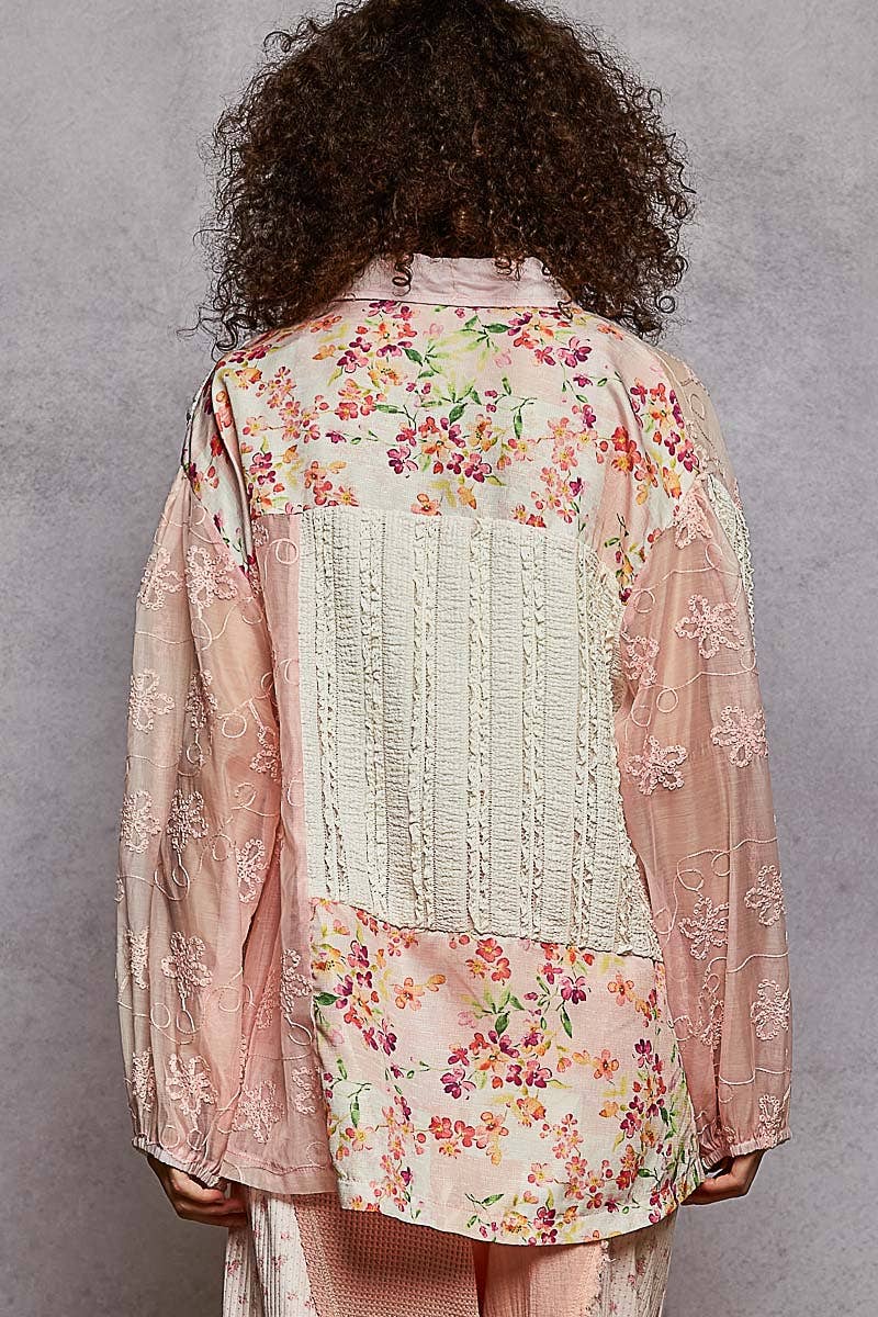 Long sleeve floral embroidery patchwork shirt top