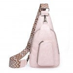 Pink Leather Sling Bag With Side Adjustable Woven Canvas Guitar Strap
